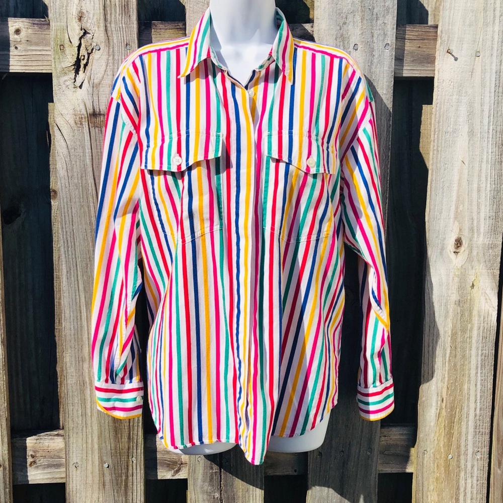 Liz Sport Rainbow Striped Button Down MEDIUM